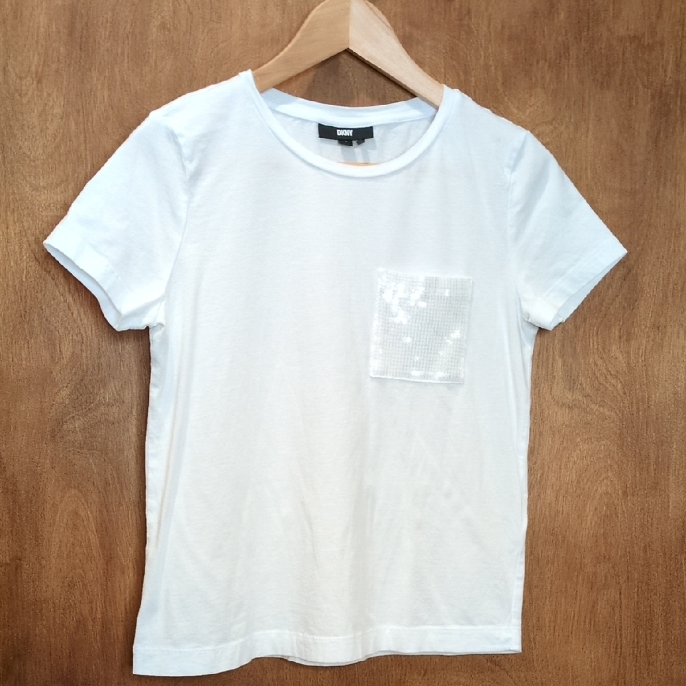 DKNY White T-Shirt with Sequin Pocket Size S